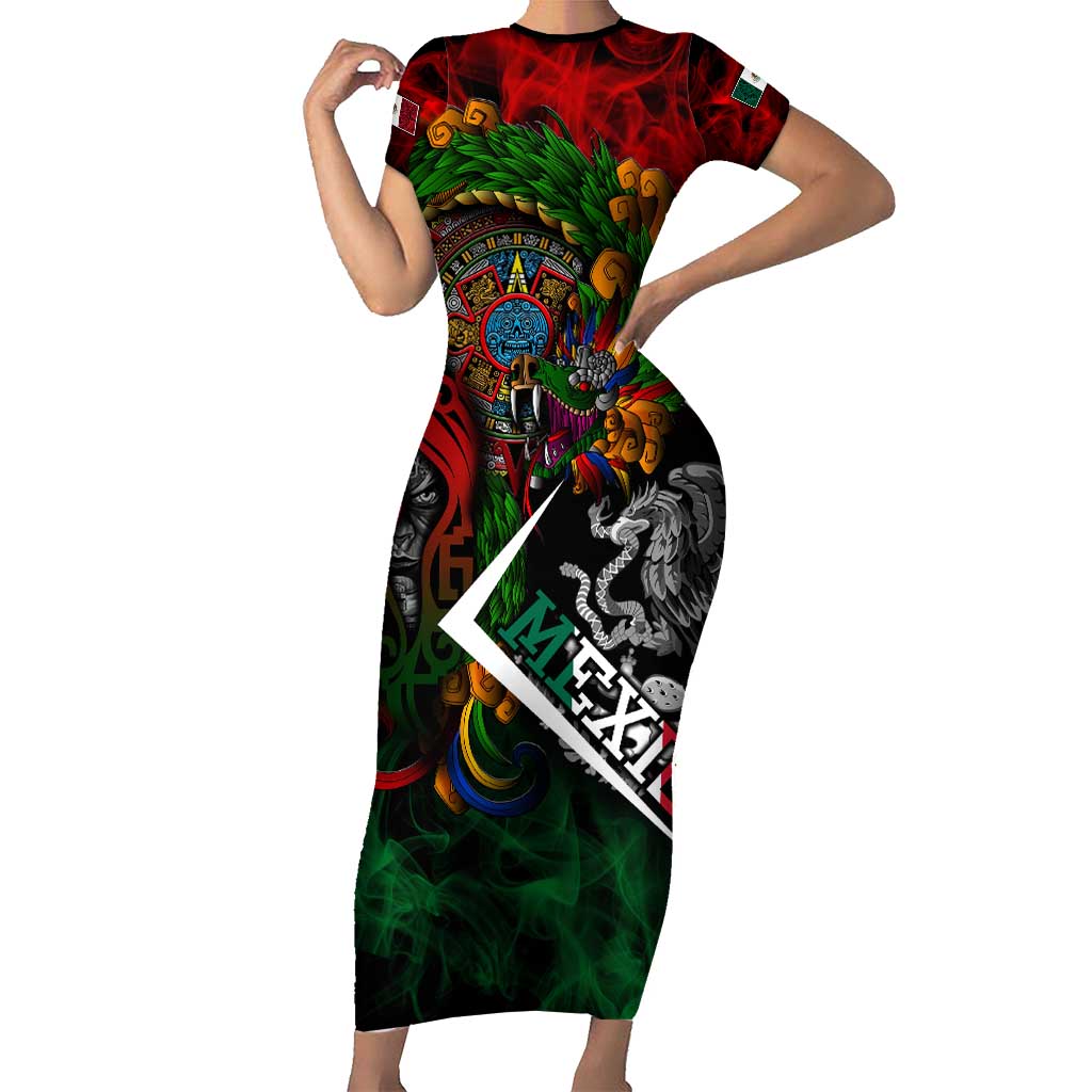 Mexico Quetzalcoatl Aztec Calendar Family Matching Short Sleeve Bodycon Dress and Hawaiian Shirt Tribal Warrior Art with Eagle and Serpent