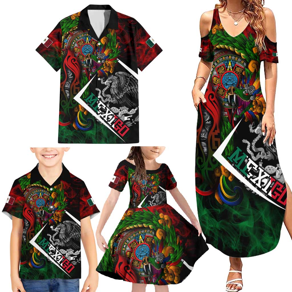 Mexico Quetzalcoatl Aztec Calendar Family Matching Summer Maxi Dress and Hawaiian Shirt Tribal Warrior Art with Eagle and Serpent