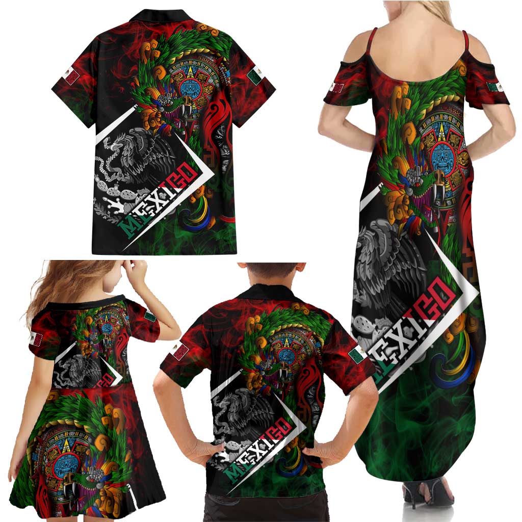 Mexico Quetzalcoatl Aztec Calendar Family Matching Summer Maxi Dress and Hawaiian Shirt Tribal Warrior Art with Eagle and Serpent