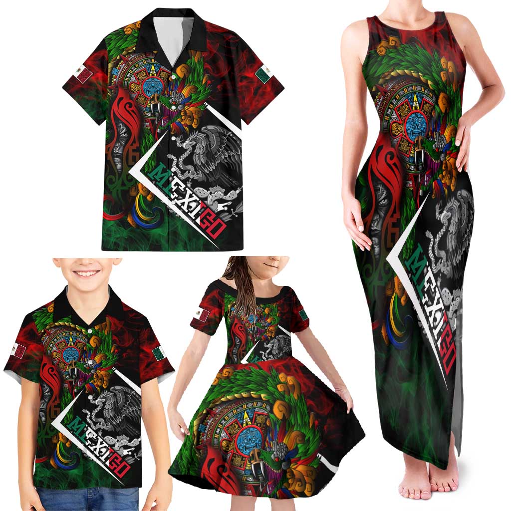Mexico Quetzalcoatl Aztec Calendar Family Matching Tank Maxi Dress and Hawaiian Shirt Tribal Warrior Art with Eagle and Serpent