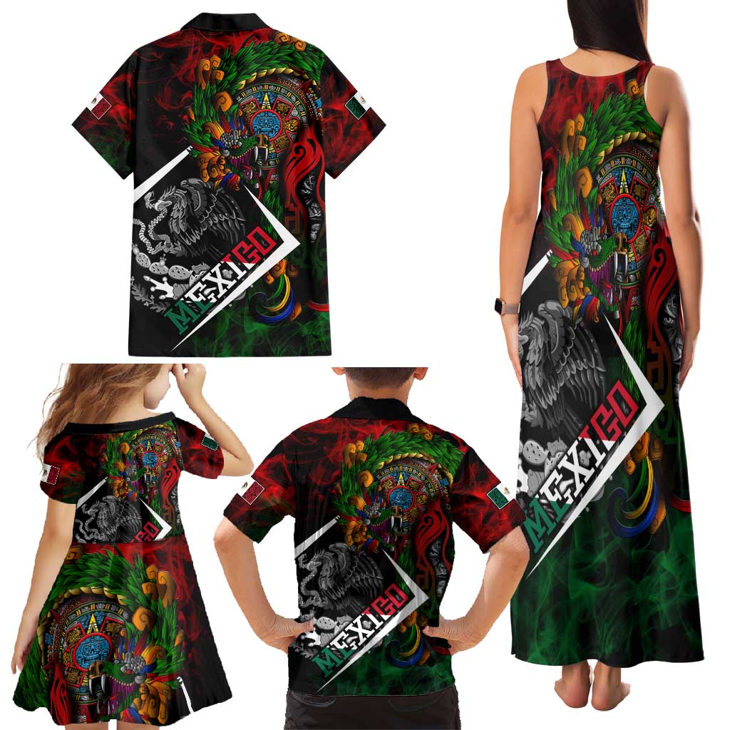 Mexico Quetzalcoatl Aztec Calendar Family Matching Tank Maxi Dress and Hawaiian Shirt Tribal Warrior Art with Eagle and Serpent