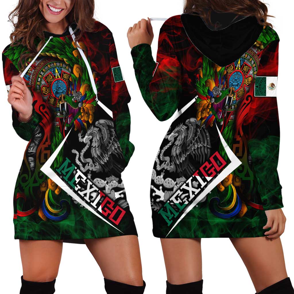 Mexico Quetzalcoatl Aztec Calendar Hoodie Dress Tribal Warrior Art with Eagle and Serpent