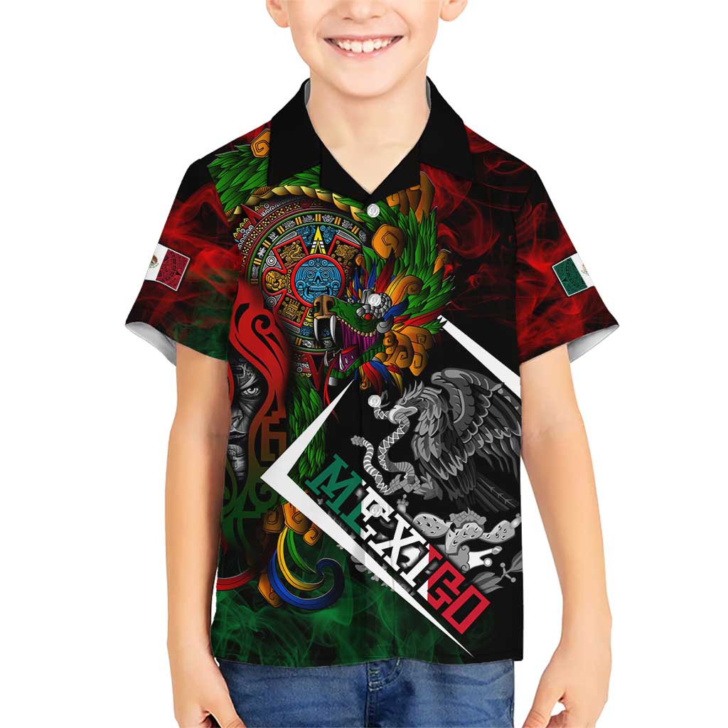 Mexico Quetzalcoatl Aztec Calendar Kid Hawaiian Shirt Tribal Warrior Art with Eagle and Serpent