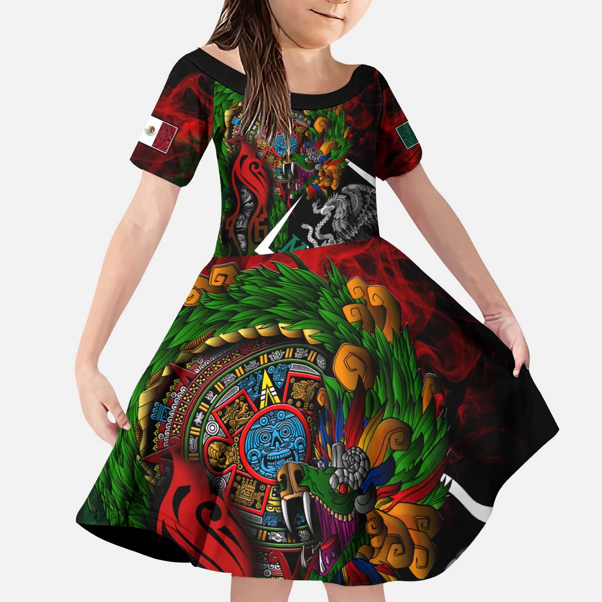 Mexico Quetzalcoatl Aztec Calendar Kid Short Sleeve Dress Tribal Warrior Art with Eagle and Serpent