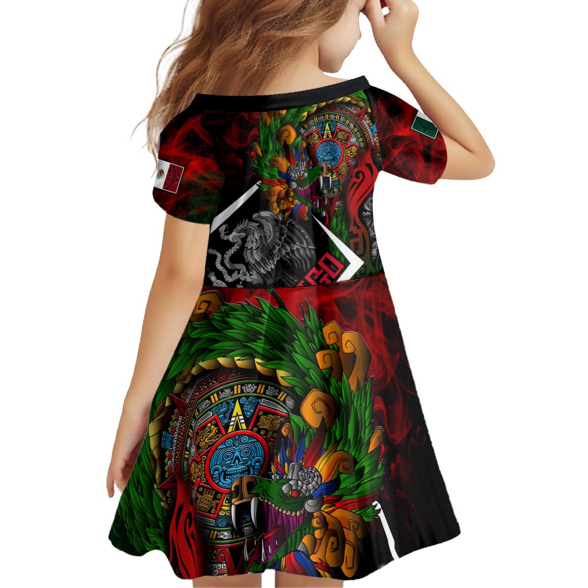 Mexico Quetzalcoatl Aztec Calendar Kid Short Sleeve Dress Tribal Warrior Art with Eagle and Serpent