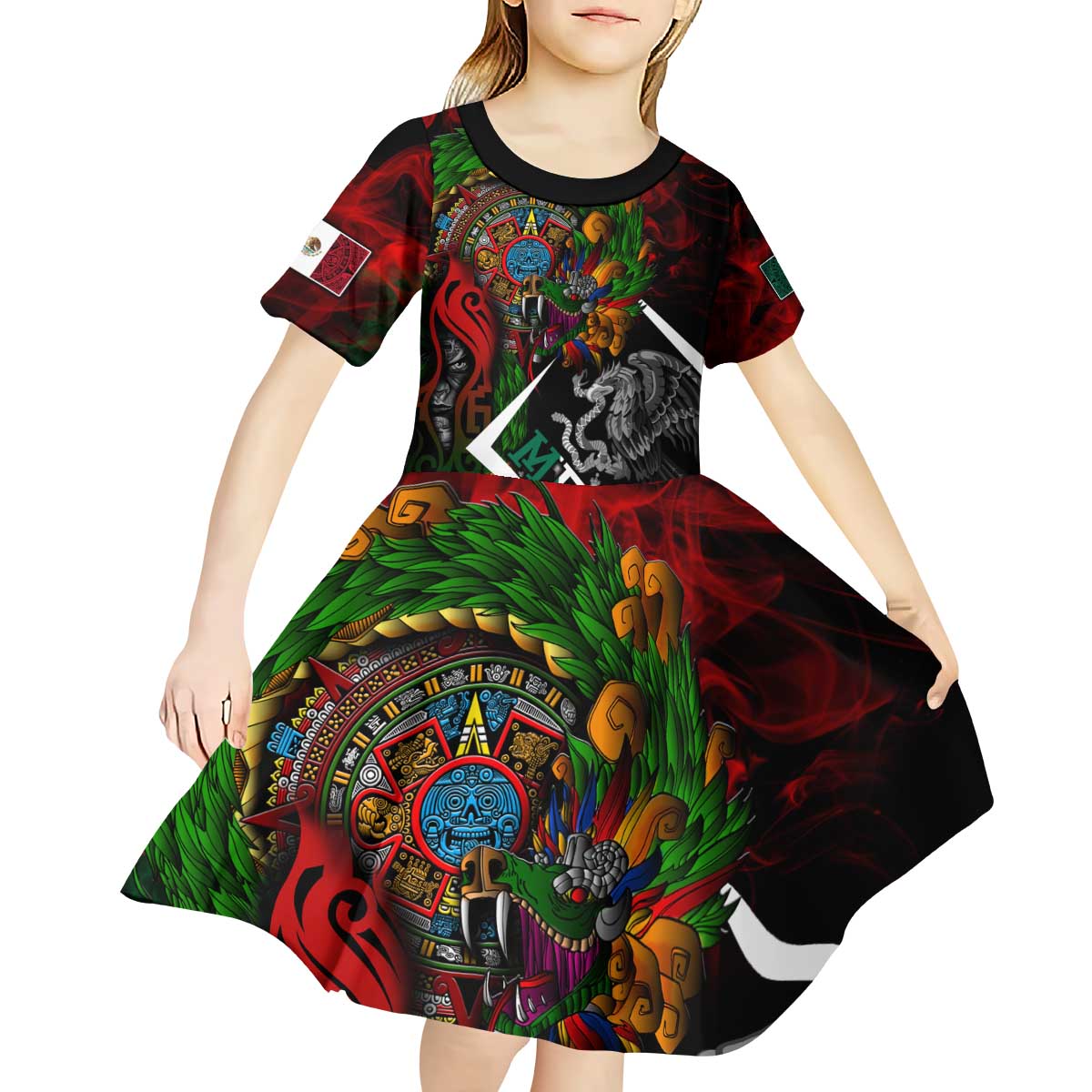 Mexico Quetzalcoatl Aztec Calendar Kid Short Sleeve Dress Tribal Warrior Art with Eagle and Serpent