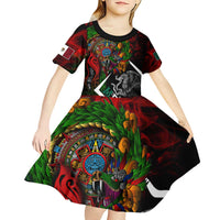 Mexico Quetzalcoatl Aztec Calendar Kid Short Sleeve Dress Tribal Warrior Art with Eagle and Serpent