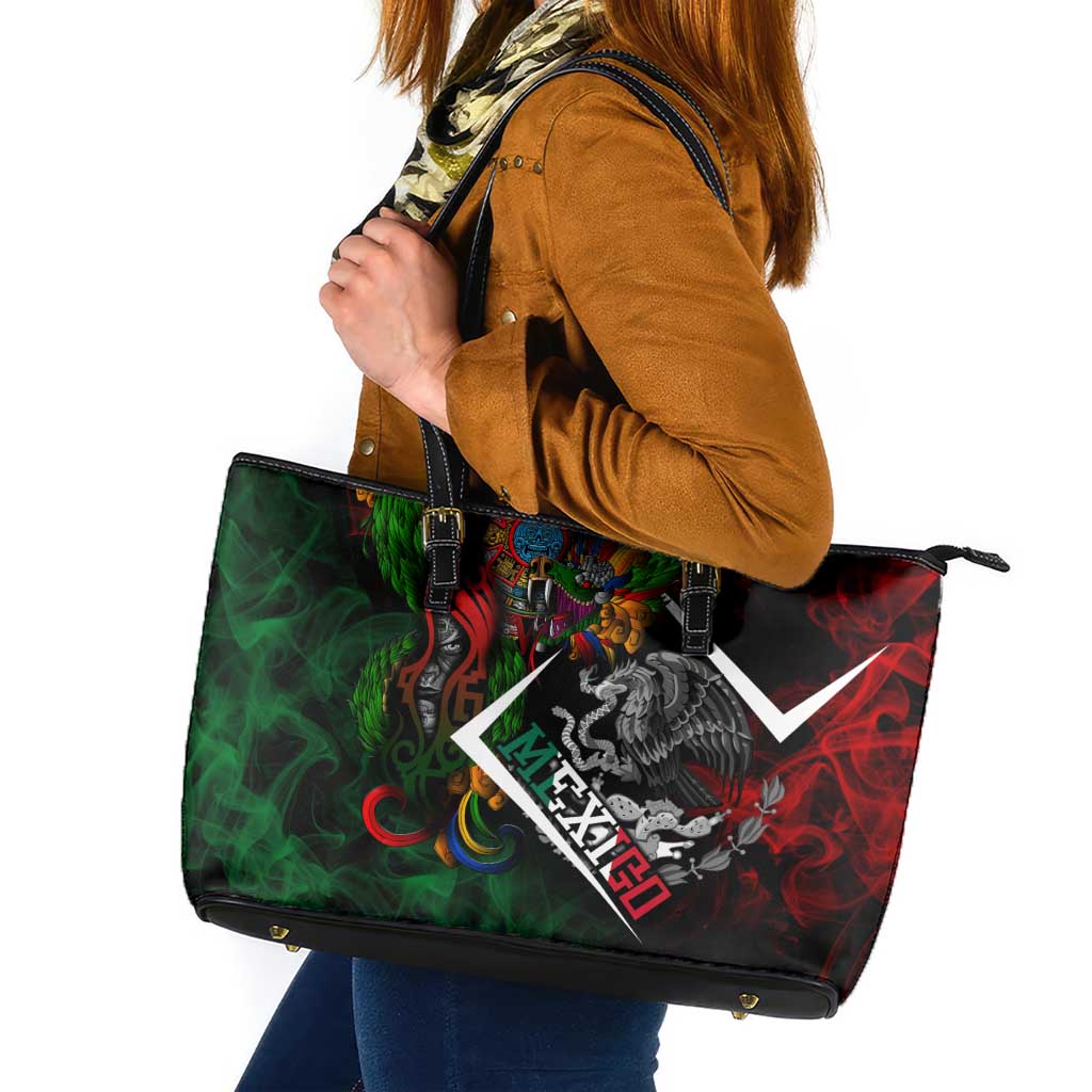 Mexico Quetzalcoatl Aztec Calendar Leather Tote Bag Tribal Warrior Art with Eagle and Serpent