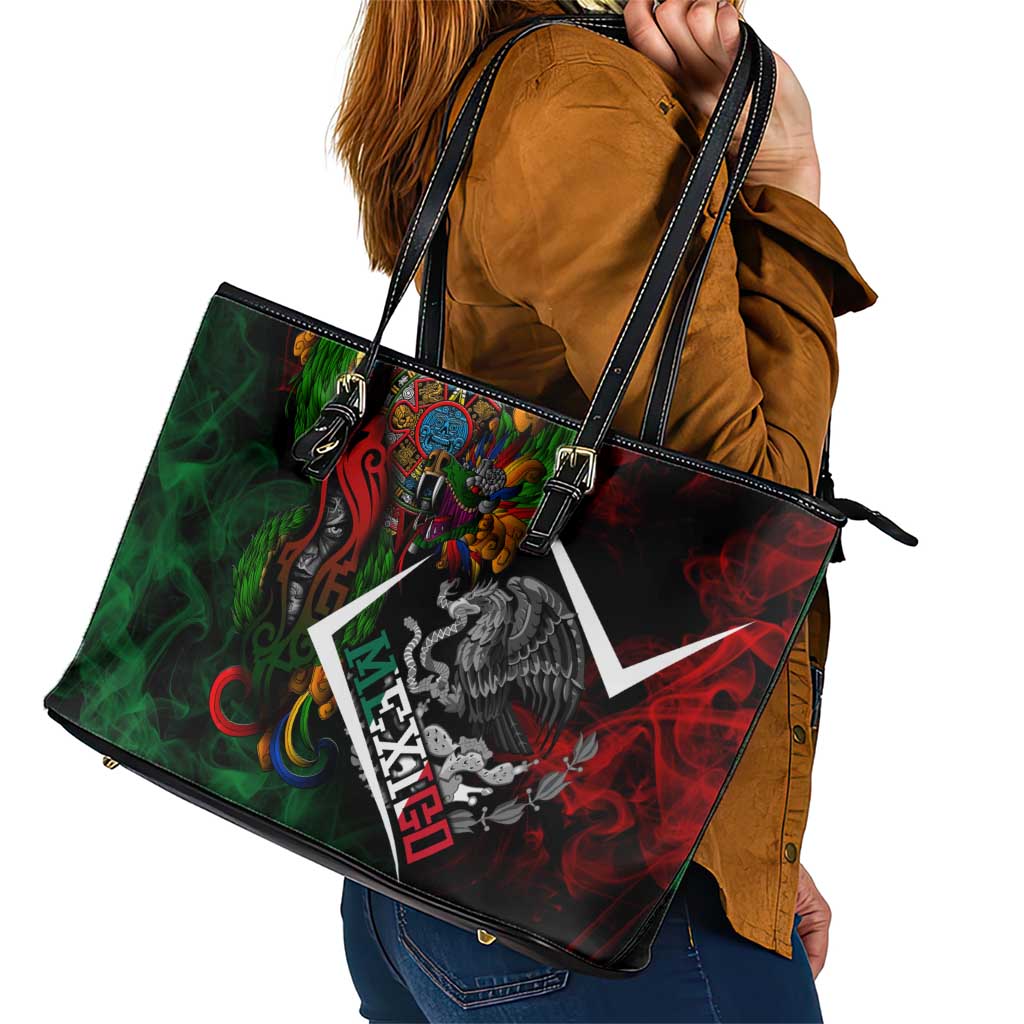 Mexico Quetzalcoatl Aztec Calendar Leather Tote Bag Tribal Warrior Art with Eagle and Serpent