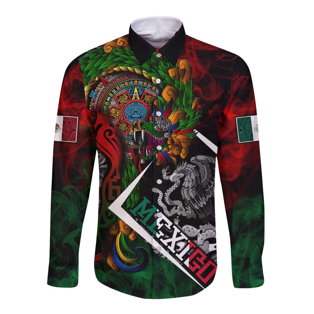 Mexico Quetzalcoatl Aztec Calendar Long Sleeve Button Shirt Tribal Warrior Art with Eagle and Serpent