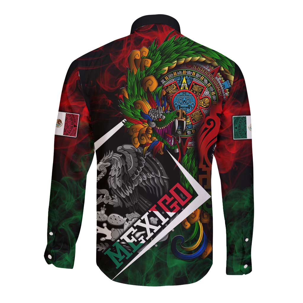 Mexico Quetzalcoatl Aztec Calendar Long Sleeve Button Shirt Tribal Warrior Art with Eagle and Serpent