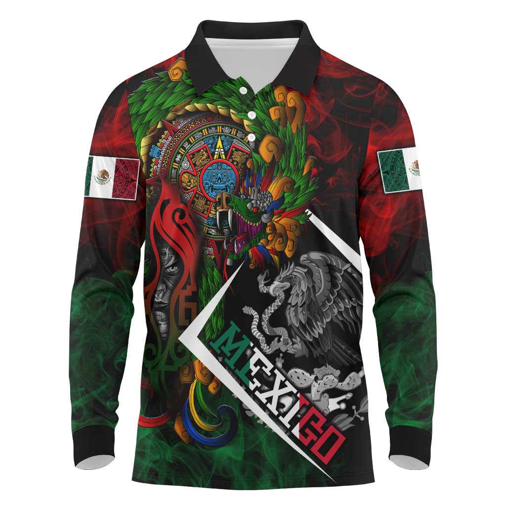 Mexico Quetzalcoatl Aztec Calendar Long Sleeve Polo Shirt Tribal Warrior Art with Eagle and Serpent