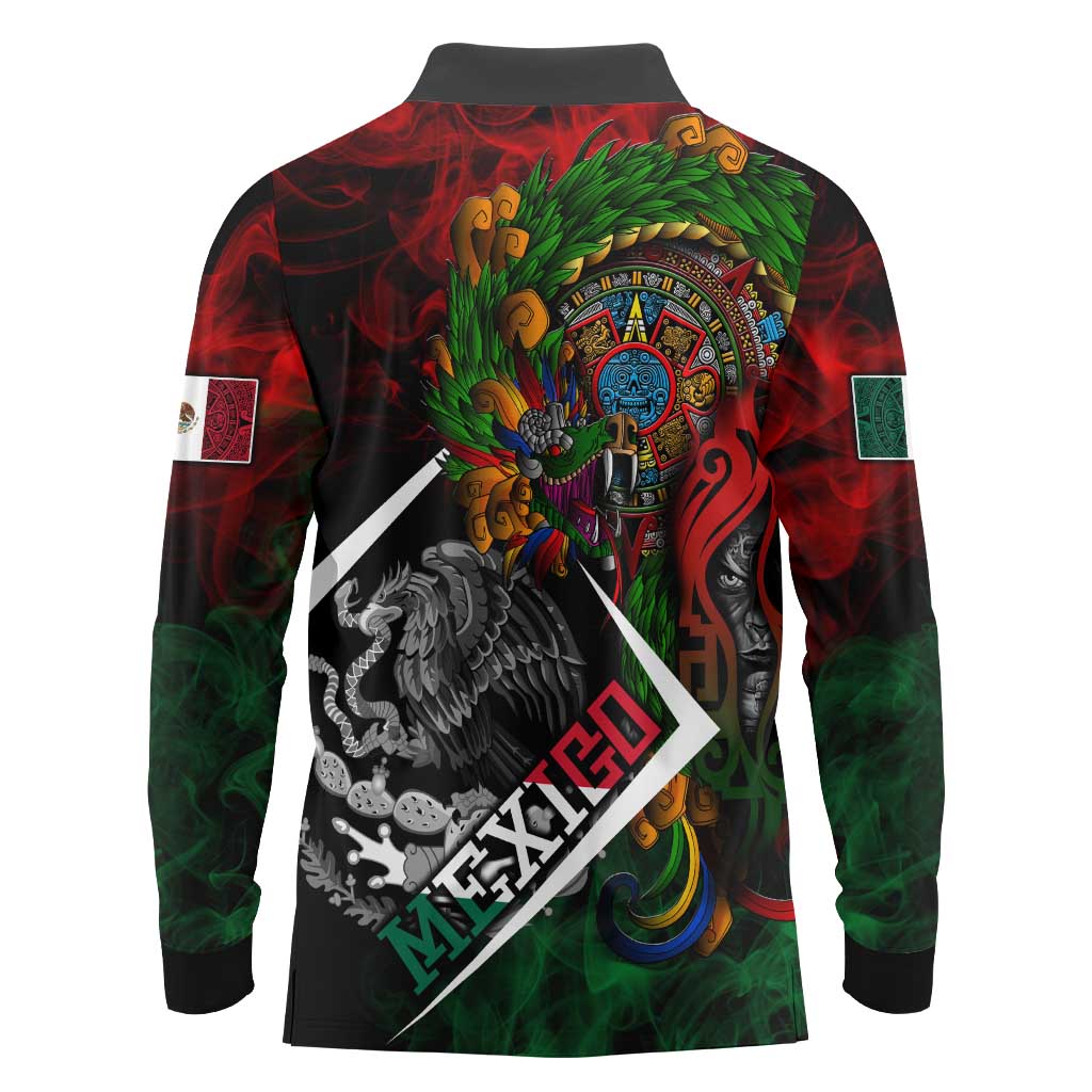 Mexico Quetzalcoatl Aztec Calendar Long Sleeve Polo Shirt Tribal Warrior Art with Eagle and Serpent