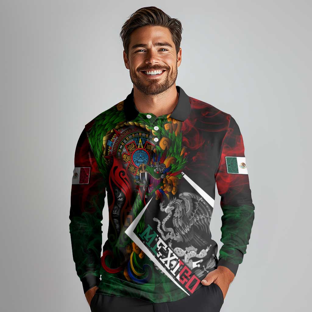Mexico Quetzalcoatl Aztec Calendar Long Sleeve Polo Shirt Tribal Warrior Art with Eagle and Serpent