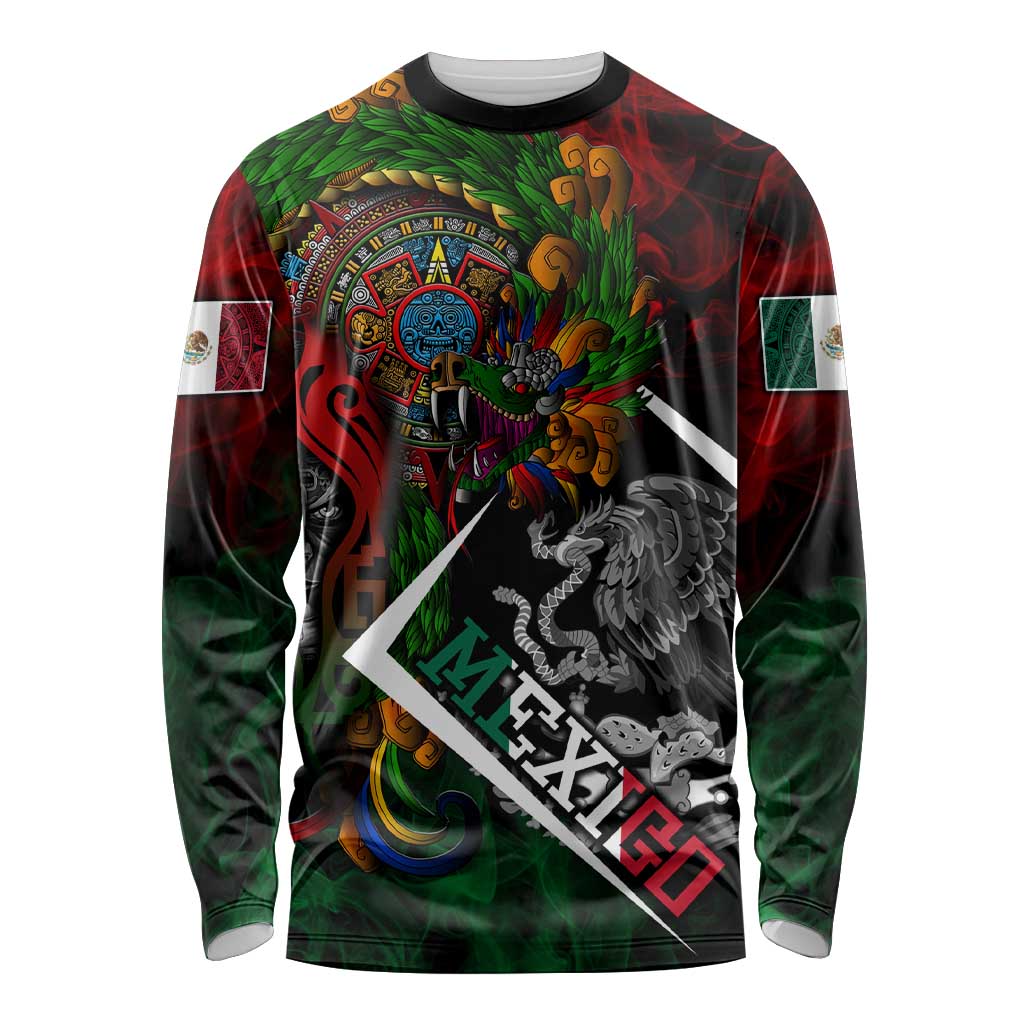 Mexico Quetzalcoatl Aztec Calendar Long Sleeve Shirt Tribal Warrior Art with Eagle and Serpent