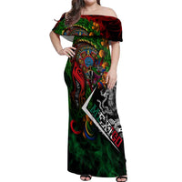 Mexico Quetzalcoatl Aztec Calendar Off Shoulder Maxi Dress Tribal Warrior Art with Eagle and Serpent