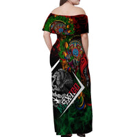 Mexico Quetzalcoatl Aztec Calendar Off Shoulder Maxi Dress Tribal Warrior Art with Eagle and Serpent