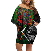 Mexico Quetzalcoatl Aztec Calendar Off Shoulder Short Dress Tribal Warrior Art with Eagle and Serpent