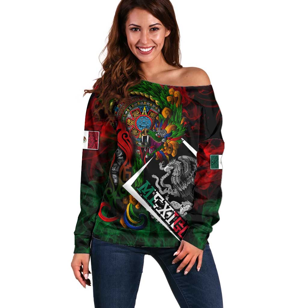 Mexico Quetzalcoatl Aztec Calendar Off Shoulder Sweater Tribal Warrior Art with Eagle and Serpent
