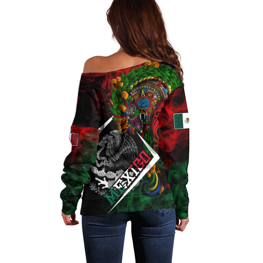 Mexico Quetzalcoatl Aztec Calendar Off Shoulder Sweater Tribal Warrior Art with Eagle and Serpent