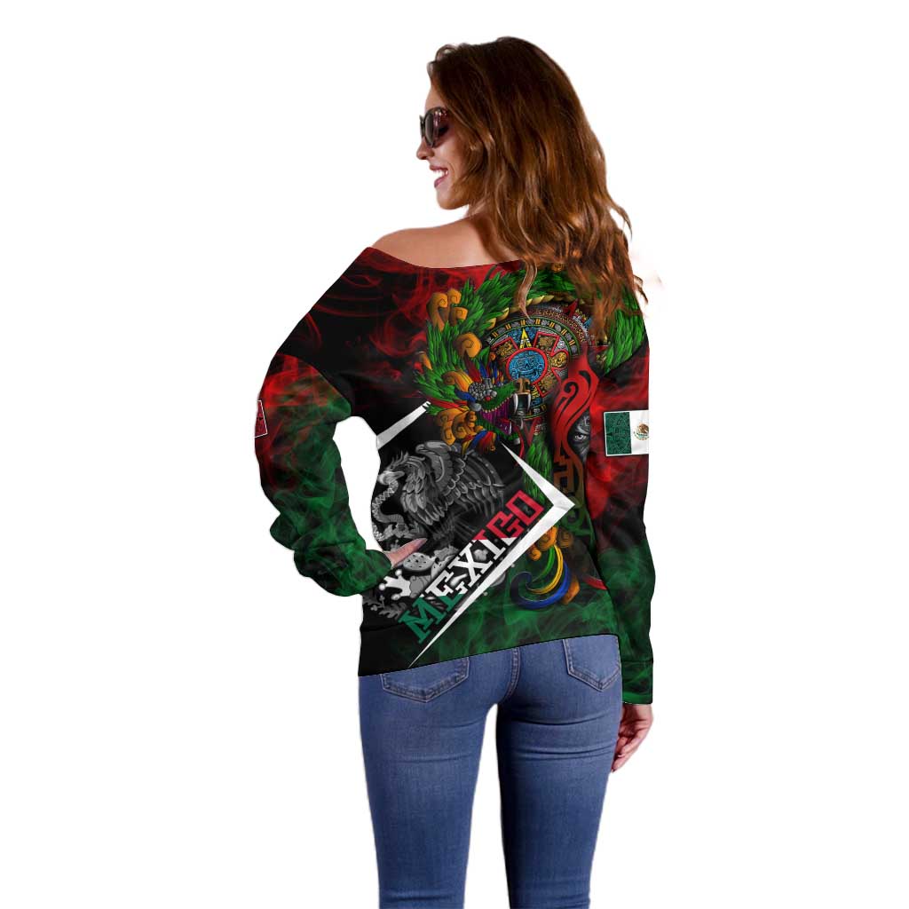Mexico Quetzalcoatl Aztec Calendar Off Shoulder Sweater Tribal Warrior Art with Eagle and Serpent