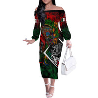 Mexico Quetzalcoatl Aztec Calendar Off The Shoulder Long Sleeve Dress Tribal Warrior Art with Eagle and Serpent