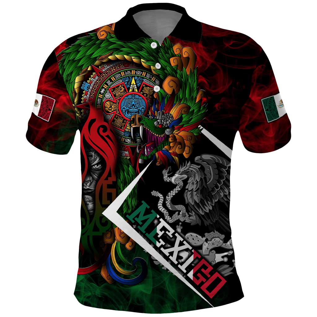 Mexico Quetzalcoatl Aztec Calendar Polo Shirt Tribal Warrior Art with Eagle and Serpent