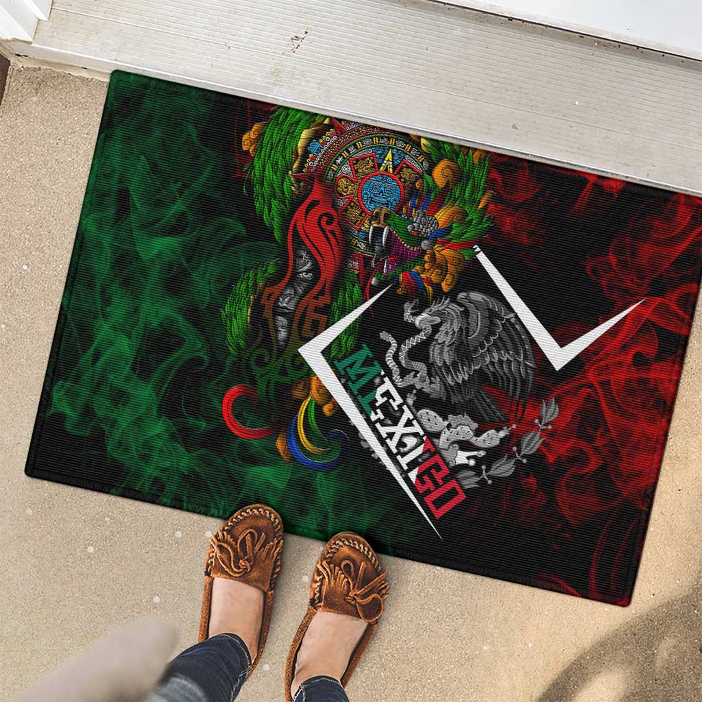 Mexico Quetzalcoatl Aztec Calendar Rubber Doormat Tribal Warrior Art with Eagle and Serpent