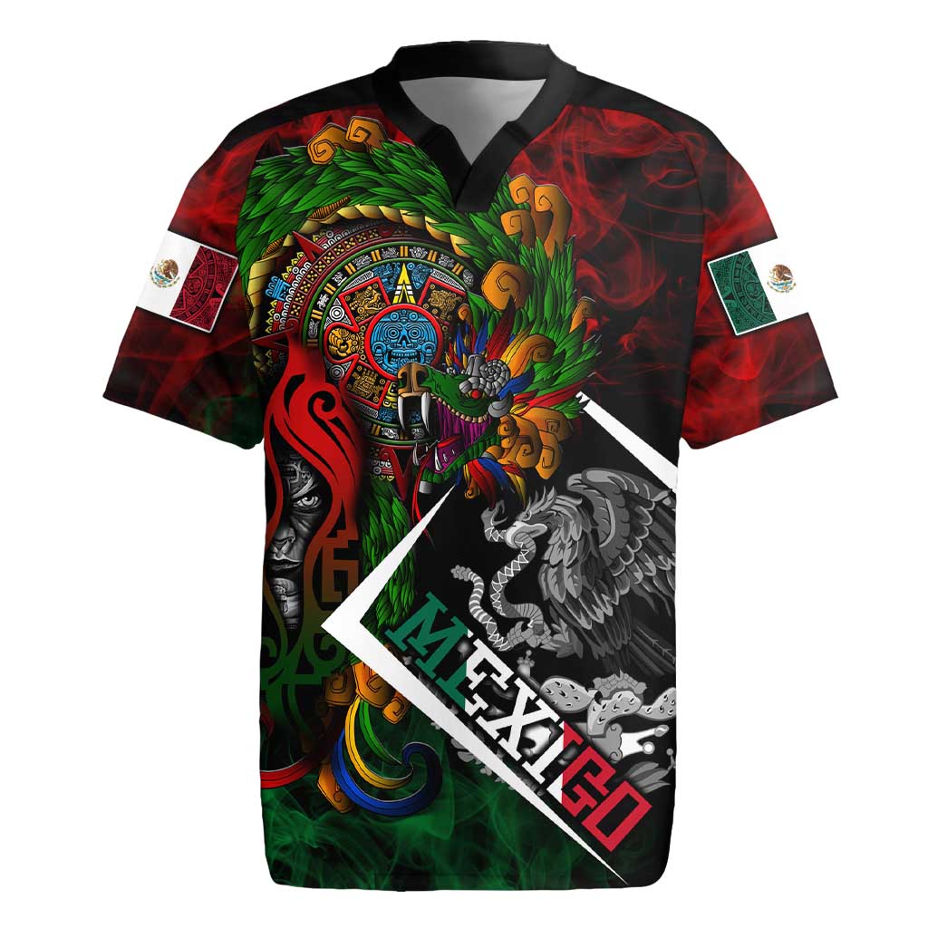 Mexico Quetzalcoatl Aztec Calendar Rugby Jersey Tribal Warrior Art with Eagle and Serpent