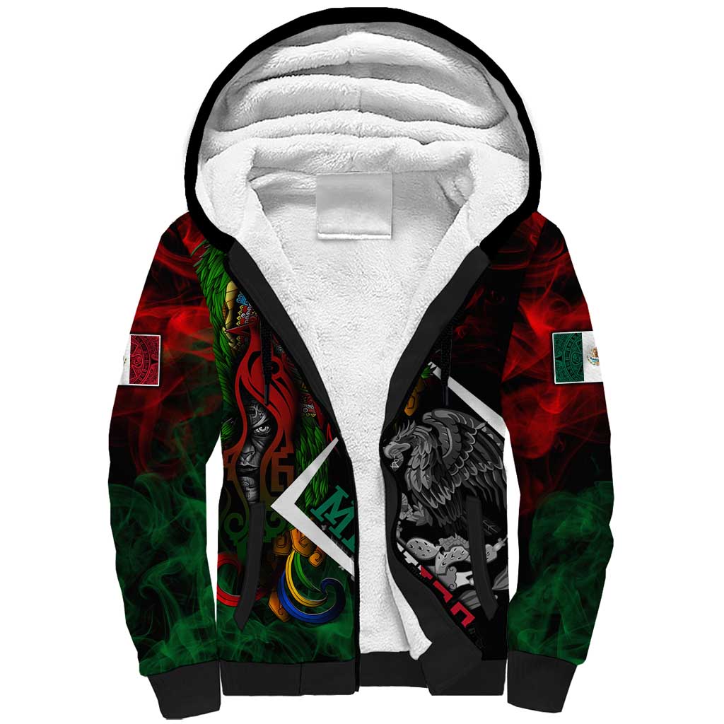 Mexico Quetzalcoatl Aztec Calendar Sherpa Hoodie Tribal Warrior Art with Eagle and Serpent