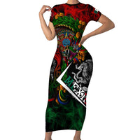 Mexico Quetzalcoatl Aztec Calendar Short Sleeve Bodycon Dress Tribal Warrior Art with Eagle and Serpent