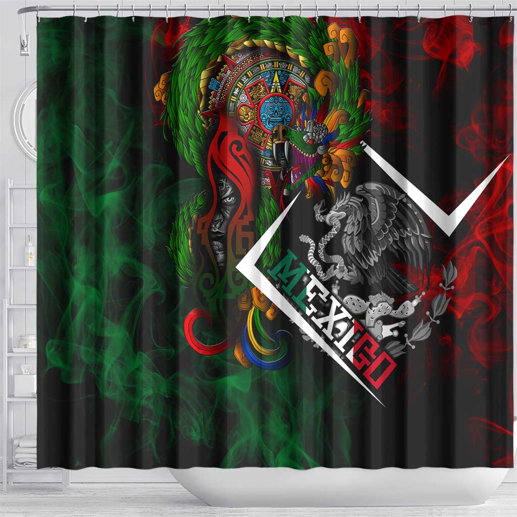 Mexico Quetzalcoatl Aztec Calendar Shower Curtain Tribal Warrior Art with Eagle and Serpent