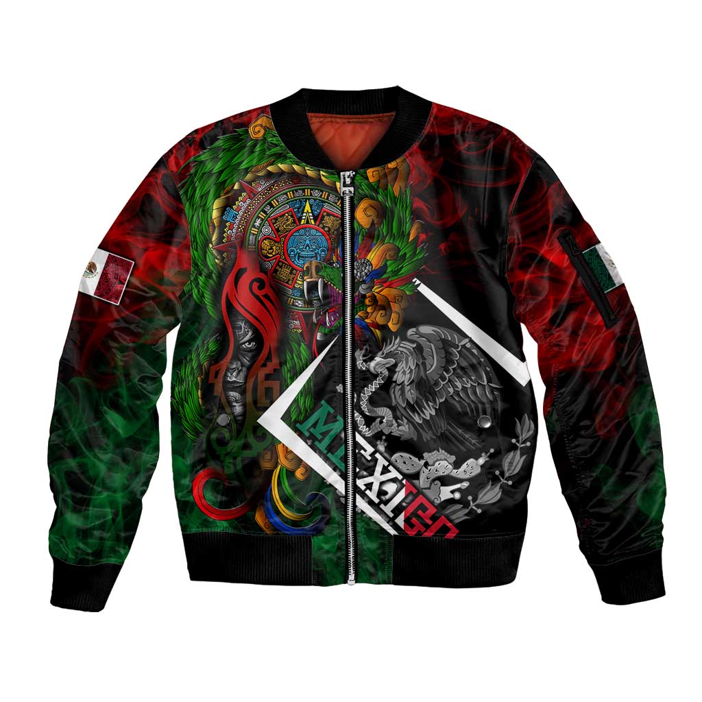 Mexico Quetzalcoatl Aztec Calendar Sleeve Zip Bomber Jacket Tribal Warrior Art with Eagle and Serpent