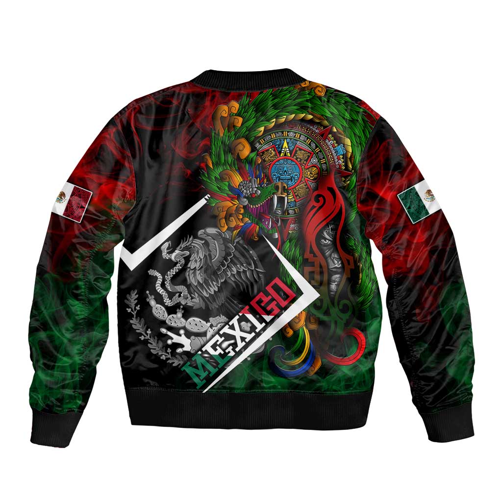 Mexico Quetzalcoatl Aztec Calendar Sleeve Zip Bomber Jacket Tribal Warrior Art with Eagle and Serpent