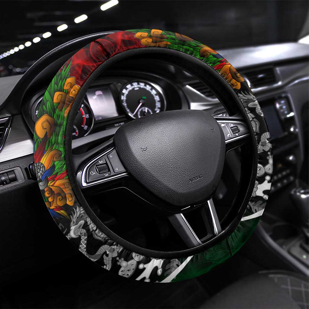 Mexico Quetzalcoatl Aztec Calendar Steering Wheel Cover Tribal Warrior Art with Eagle and Serpent