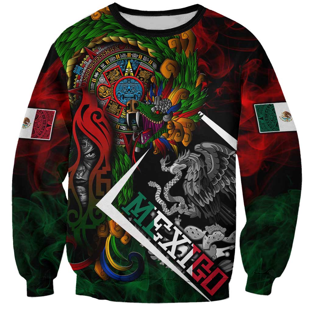 Mexico Quetzalcoatl Aztec Calendar Sweatshirt Tribal Warrior Art with Eagle and Serpent