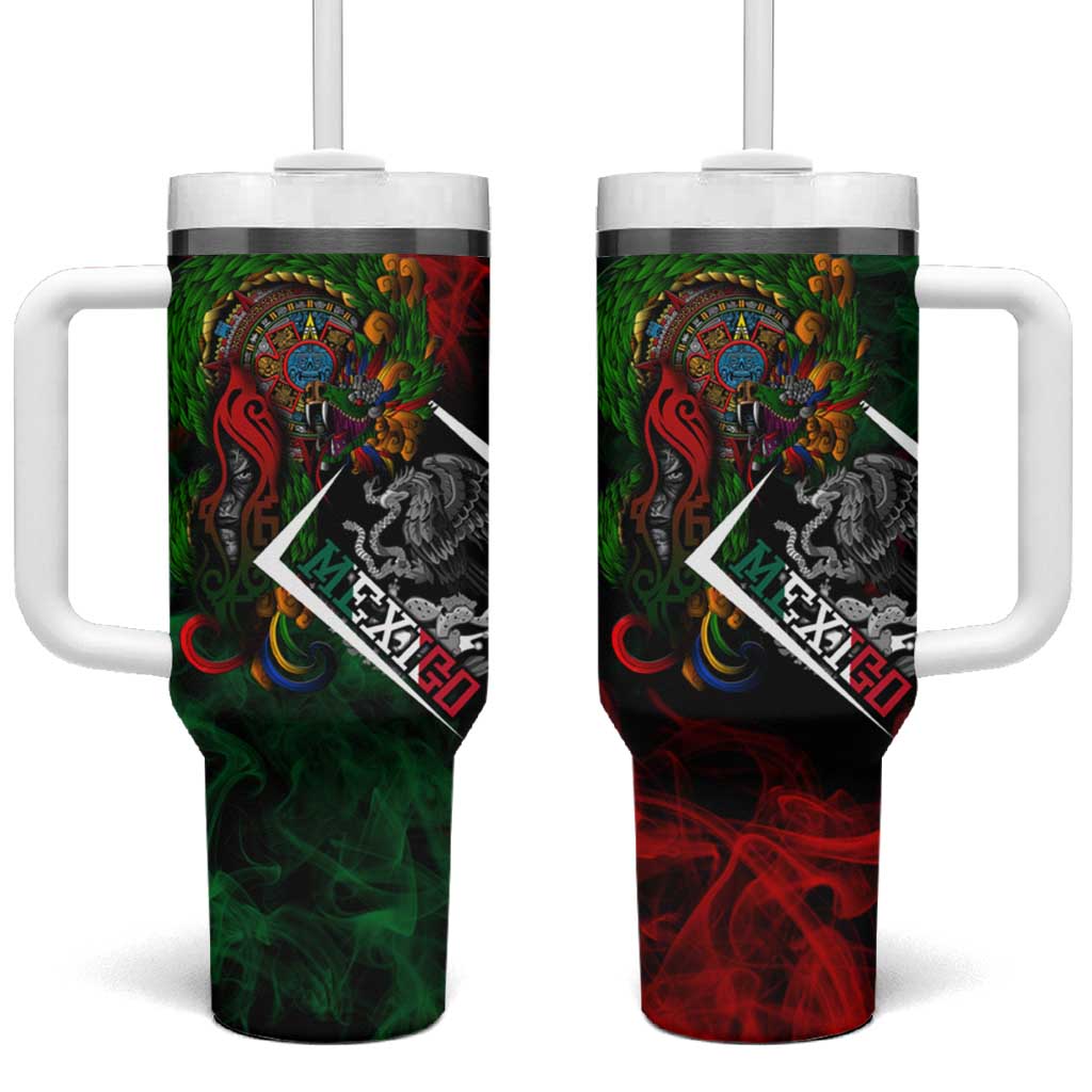 Mexico Quetzalcoatl Aztec Calendar Tumbler With Handle Tribal Warrior Art with Eagle and Serpent