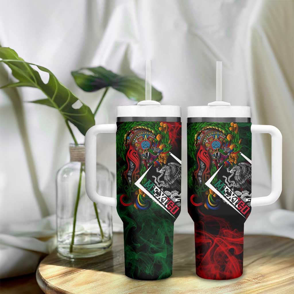 Mexico Quetzalcoatl Aztec Calendar Tumbler With Handle Tribal Warrior Art with Eagle and Serpent