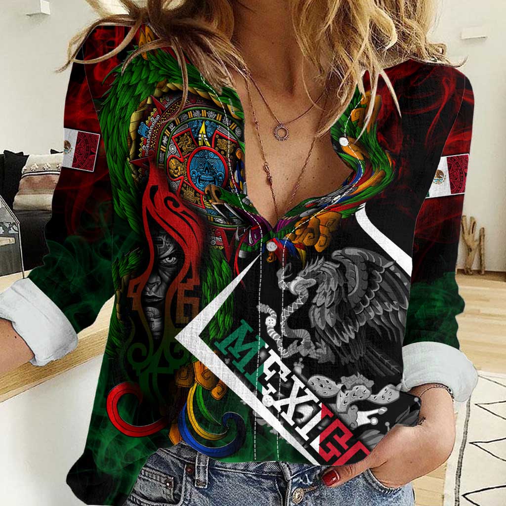 Mexico Quetzalcoatl Aztec Calendar Women Casual Shirt Tribal Warrior Art with Eagle and Serpent