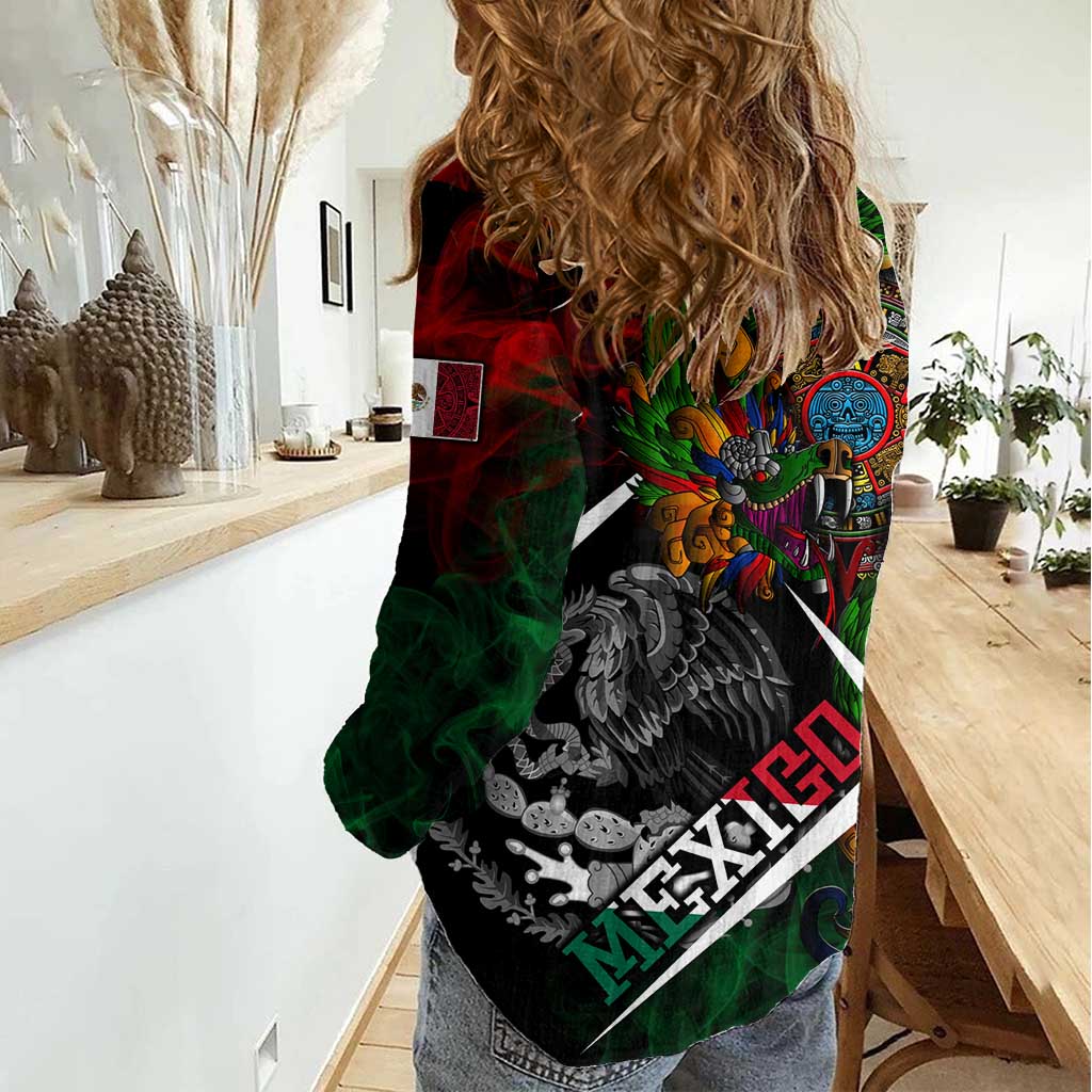 Mexico Quetzalcoatl Aztec Calendar Women Casual Shirt Tribal Warrior Art with Eagle and Serpent