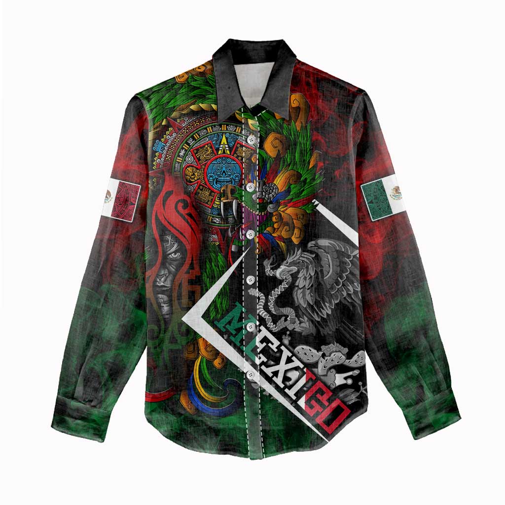 Mexico Quetzalcoatl Aztec Calendar Women Casual Shirt Tribal Warrior Art with Eagle and Serpent