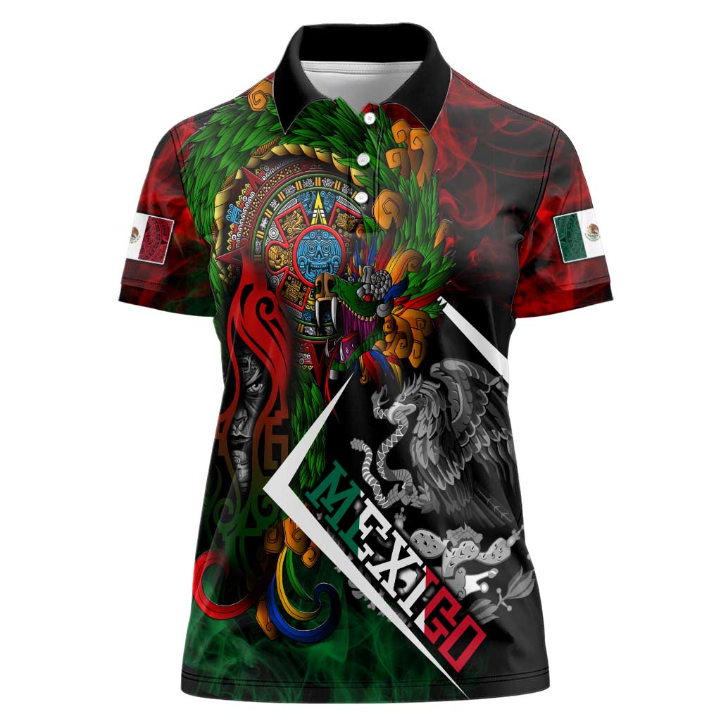 Mexico Quetzalcoatl Aztec Calendar Women Polo Shirt Tribal Warrior Art with Eagle and Serpent
