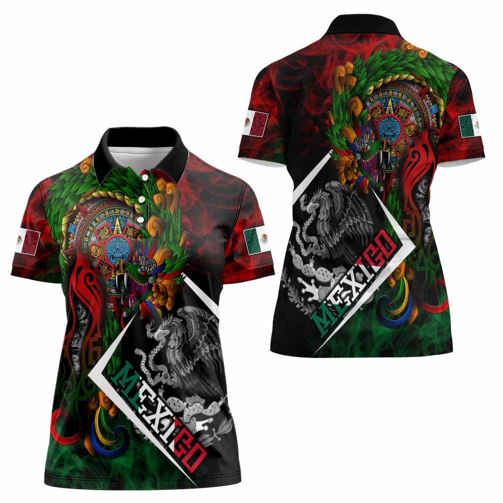 Mexico Quetzalcoatl Aztec Calendar Women Polo Shirt Tribal Warrior Art with Eagle and Serpent