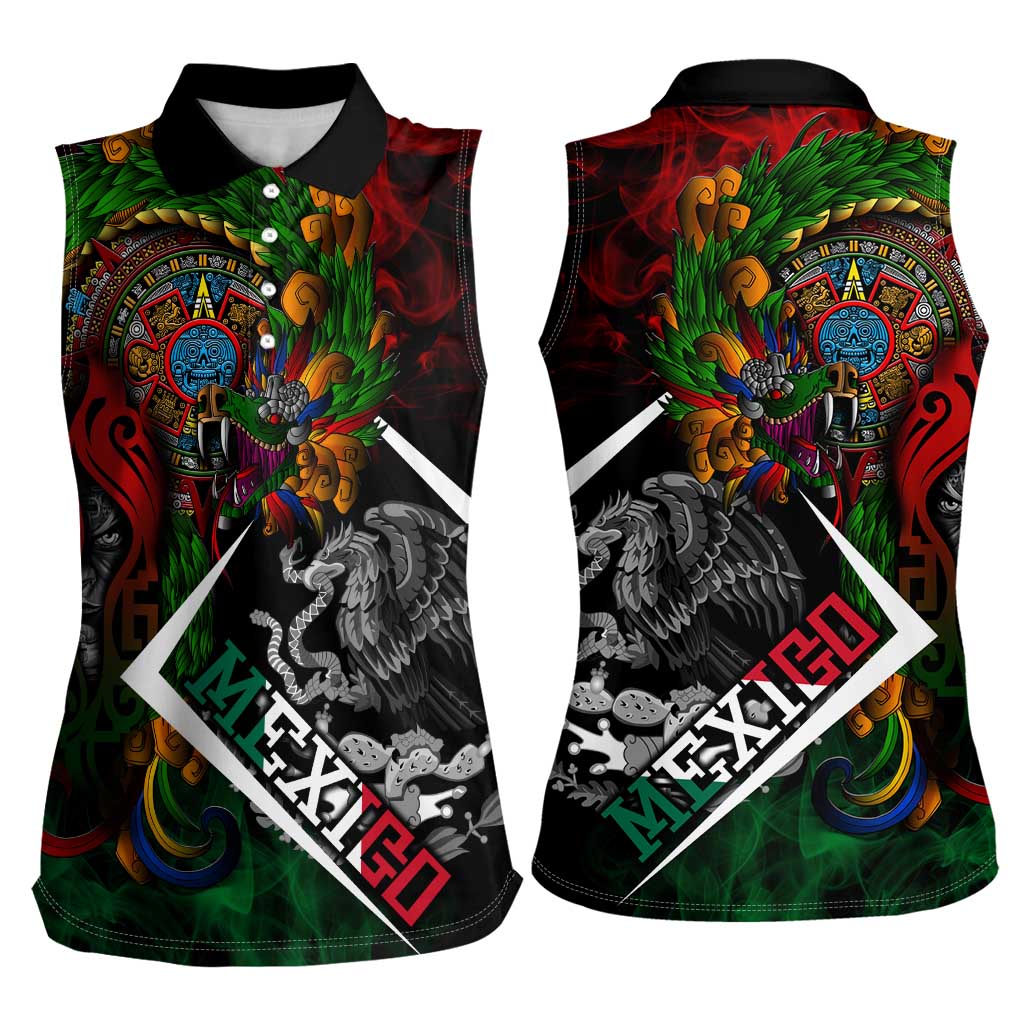 Mexico Quetzalcoatl Aztec Calendar Women Sleeveless Polo Shirt Tribal Warrior Art with Eagle and Serpent