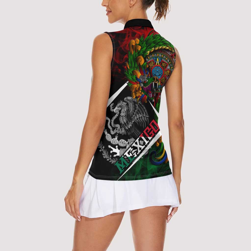 Mexico Quetzalcoatl Aztec Calendar Women Sleeveless Polo Shirt Tribal Warrior Art with Eagle and Serpent
