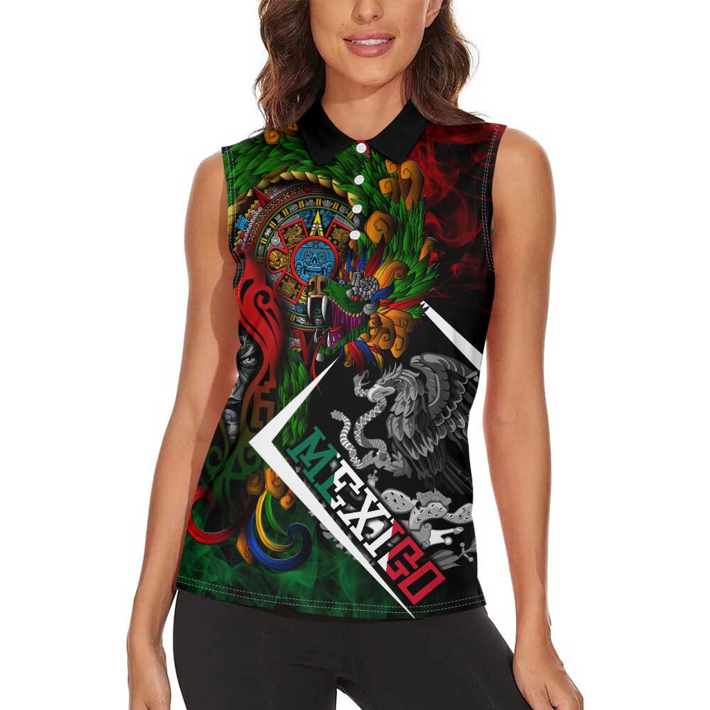 Mexico Quetzalcoatl Aztec Calendar Women Sleeveless Polo Shirt Tribal Warrior Art with Eagle and Serpent