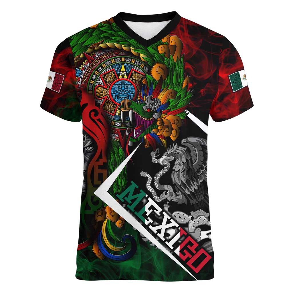 Mexico Quetzalcoatl Aztec Calendar Women V-Neck T-Shirt Tribal Warrior Art with Eagle and Serpent