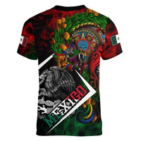 Mexico Quetzalcoatl Aztec Calendar Women V-Neck T-Shirt Tribal Warrior Art with Eagle and Serpent