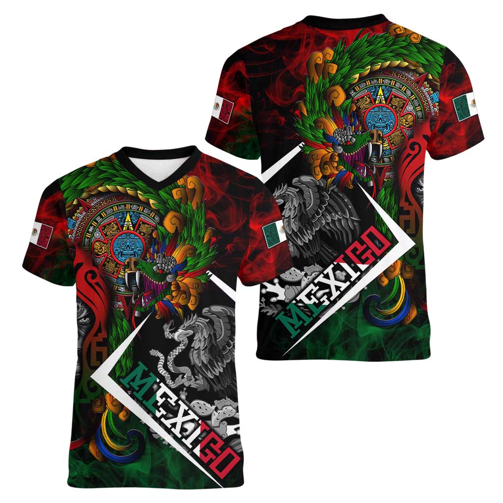 Mexico Quetzalcoatl Aztec Calendar Women V-Neck T-Shirt Tribal Warrior Art with Eagle and Serpent