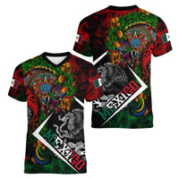Mexico Quetzalcoatl Aztec Calendar Women V-Neck T-Shirt Tribal Warrior Art with Eagle and Serpent